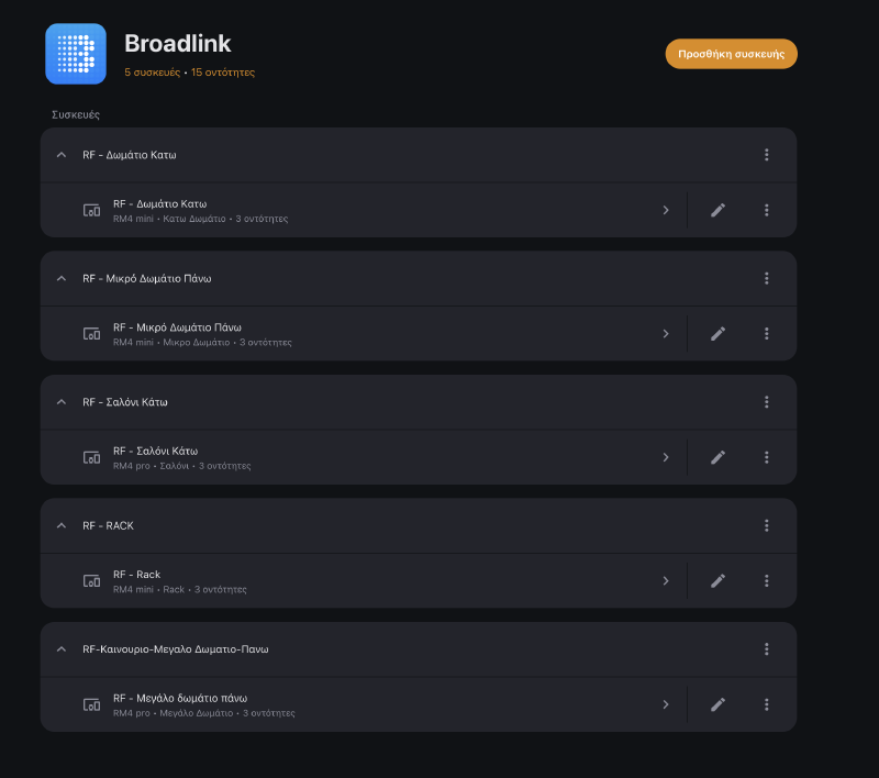 Broadlink devices in Home Assistant — 5 IR blasters, one per room
