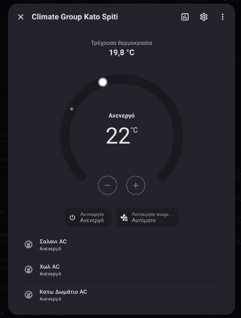 Climate Group Downstairs — one thermostat controlling Living Room AC, Hall AC, and Bedroom AC simultaneously
