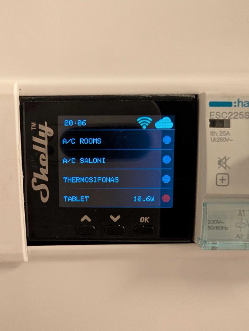 Shelly Pro 4PM closeup — 4 channels: A/C Rooms, A/C Saloni, Thermosifonas, Tablet. Next to it, the Hager ESC225 contactor