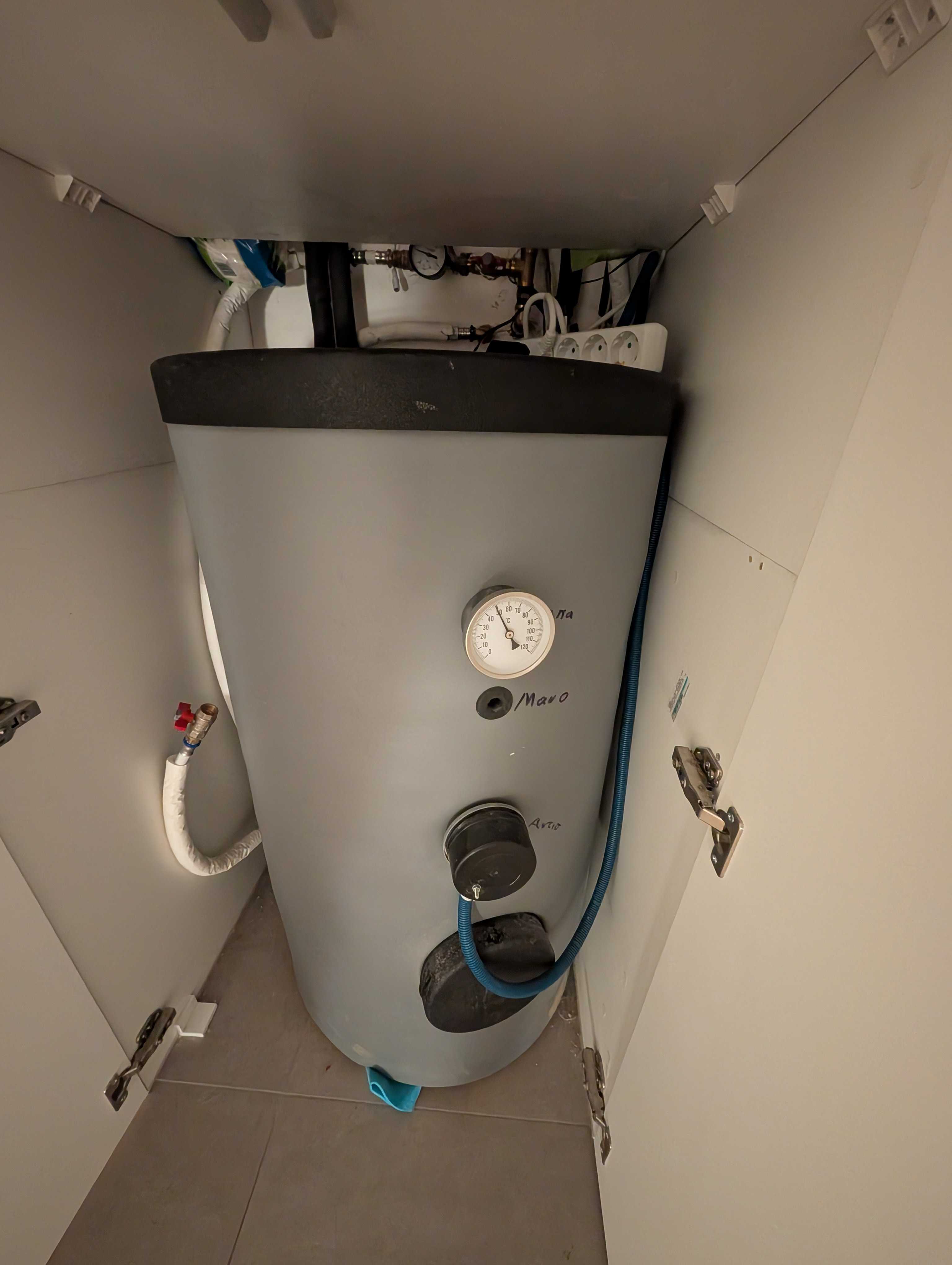 The boiler with its analog temperature gauge