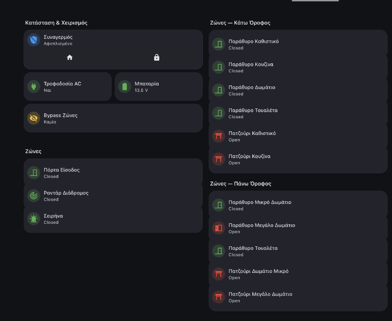 Home Assistant dashboard — alarm status, AC power, battery, zone bypass, and all 15 zones with open/closed state per floor