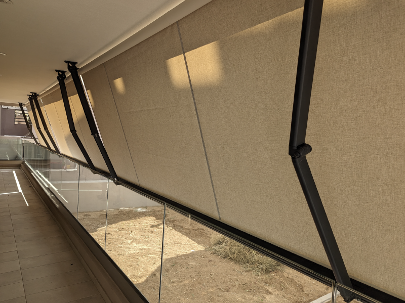 The side awnings deployed — motorized with Shelly Plus 2PM relays