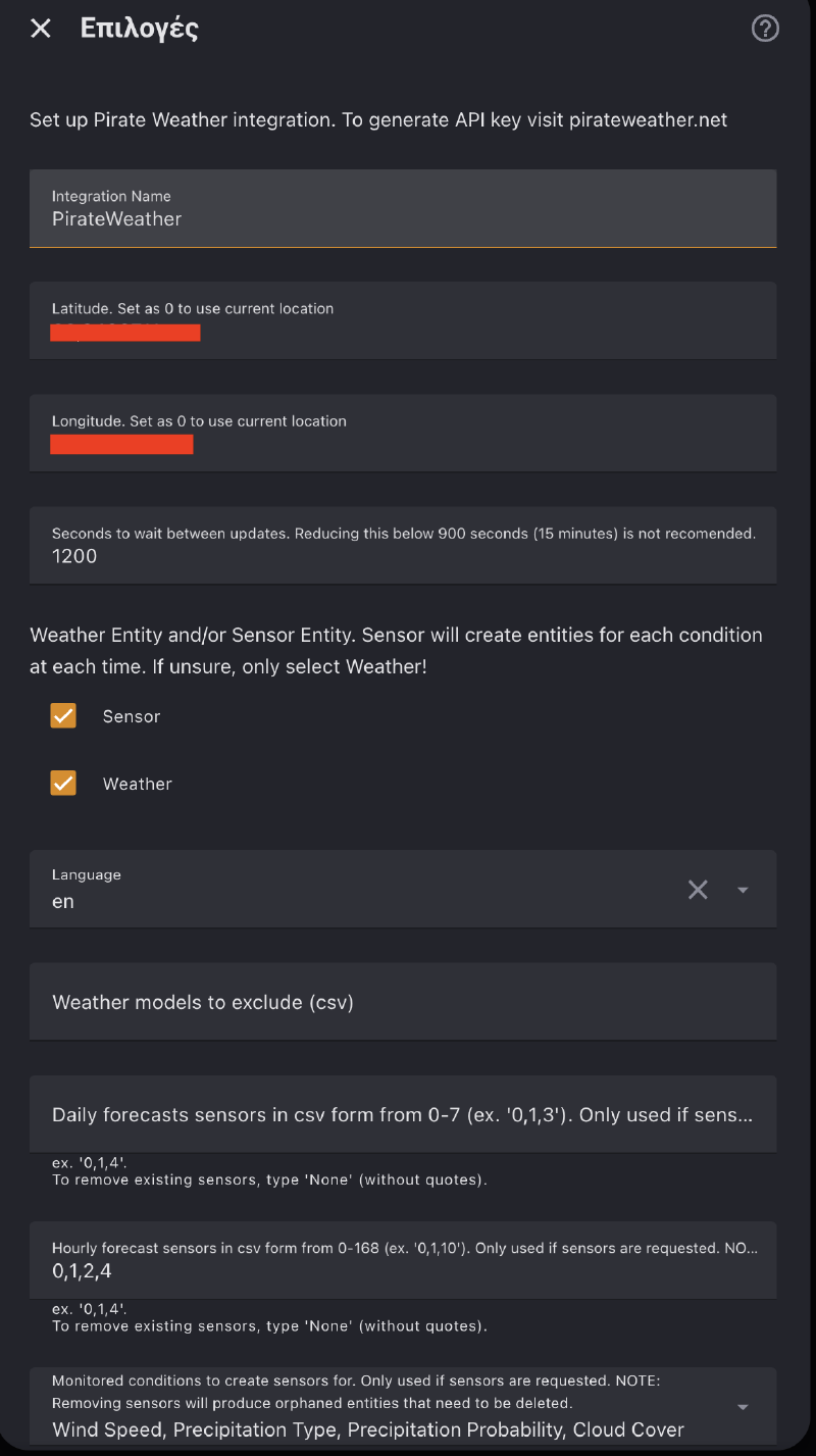PirateWeather setup — Sensor + Weather entities enabled, hourly forecast hours set to 0,1,2,4