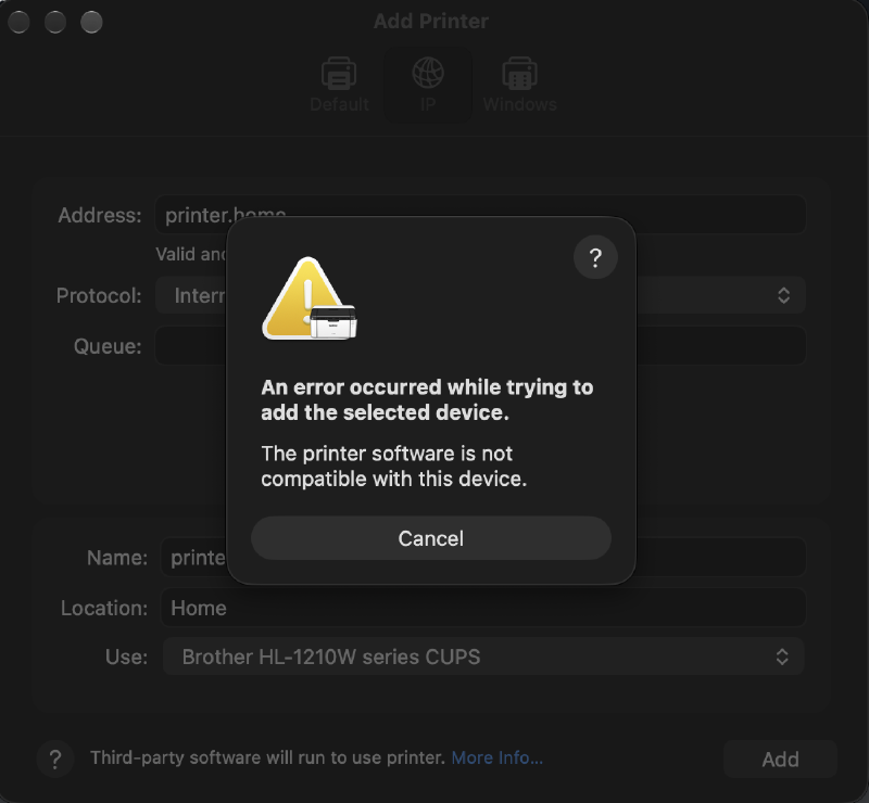 Adding the printer back fails with the same message