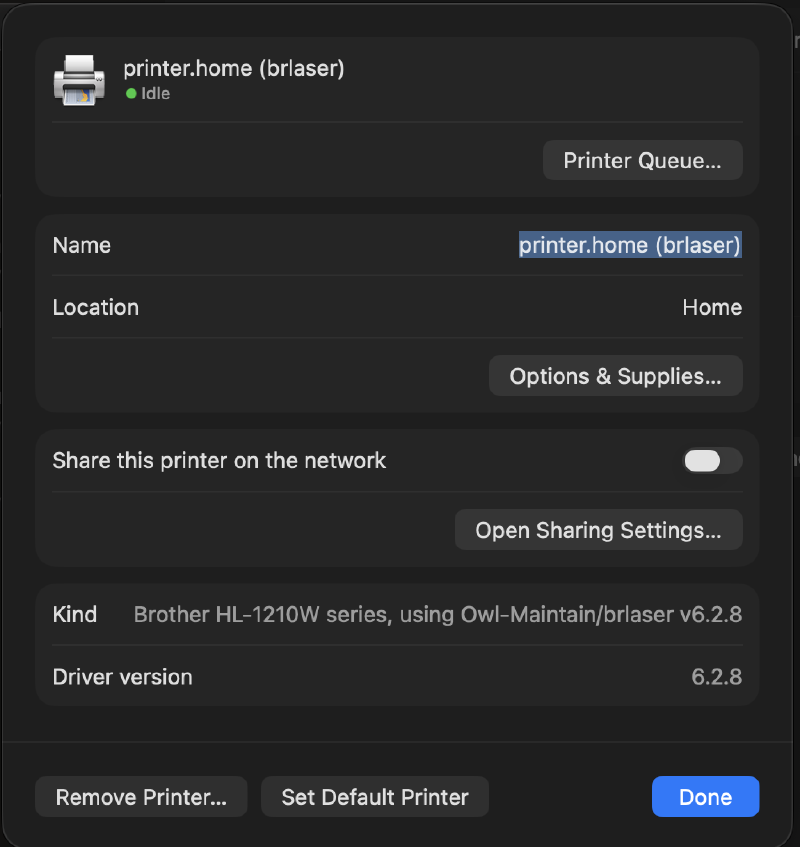 The new queue: Brother HL-1210W series, using Owl-Maintain/brlaser v6.2.8
