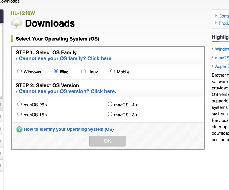 Brother’s download page: macOS 26.x is the newest listed