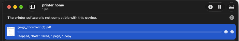 The print queue after the update: “Stopped, Data failed”