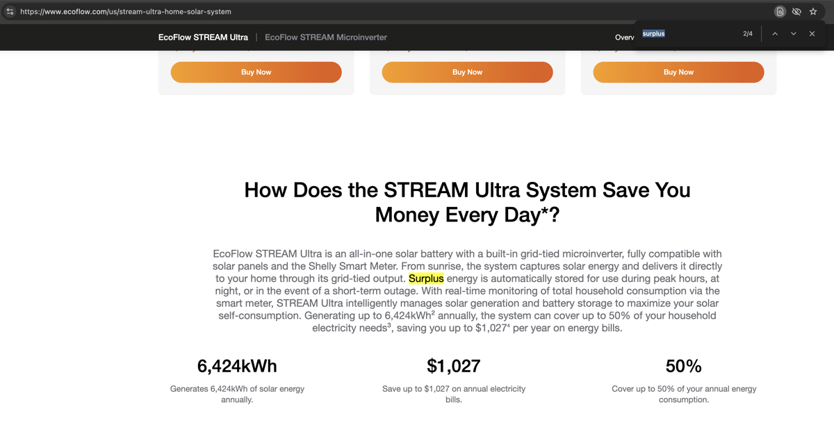 EcoFlow Stream Ultra pricing page with surplus energy claims
