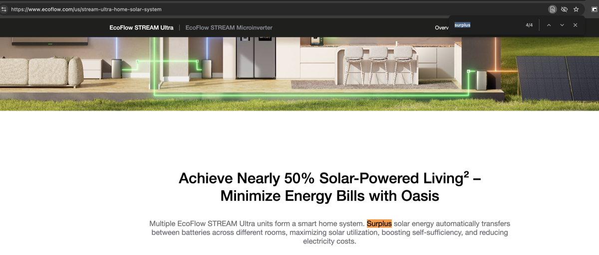EcoFlow product page claiming surplus solar energy automatically transfers between batteries