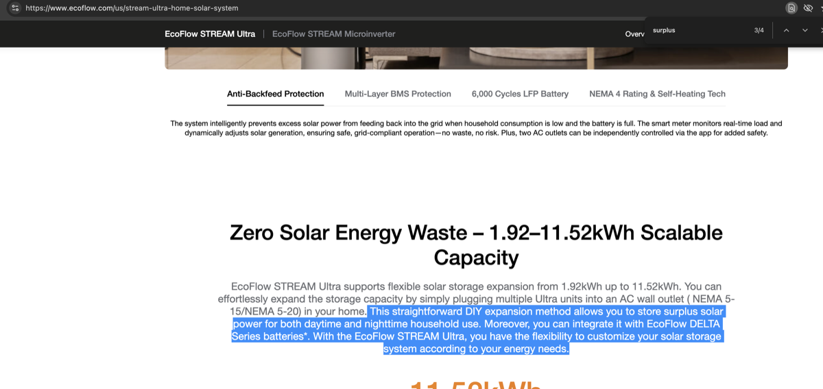 EcoFlow product page claiming zero solar energy waste with expandable storage